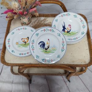 Service 8 assiettes coqs et poules Sarreguemines décor Houdan